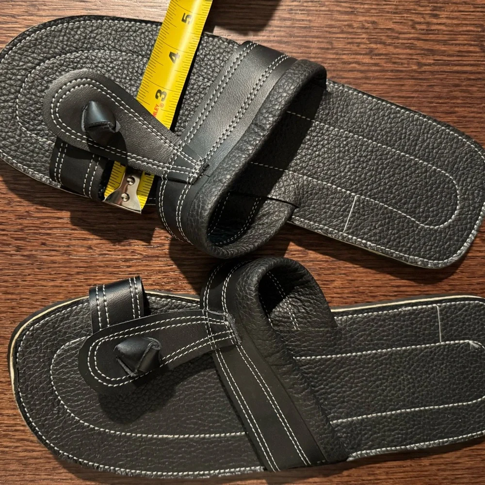 Black Leather Toe Loop Slide Men's Sandals - Picture 3 of 3
